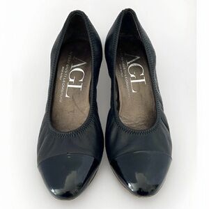 AGL Cap Toe Pump Black Spirit Patent Leather Block Heel Women's Size EU 36 US 6